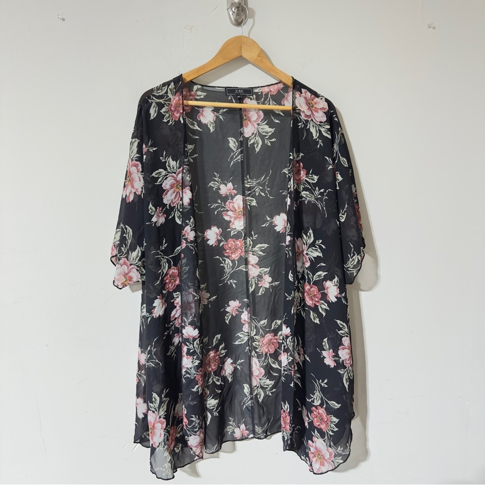 Vibe Sportswear Floral Sheer Black Kimono Cardigan Wrap Plus Size 2X Lightweight